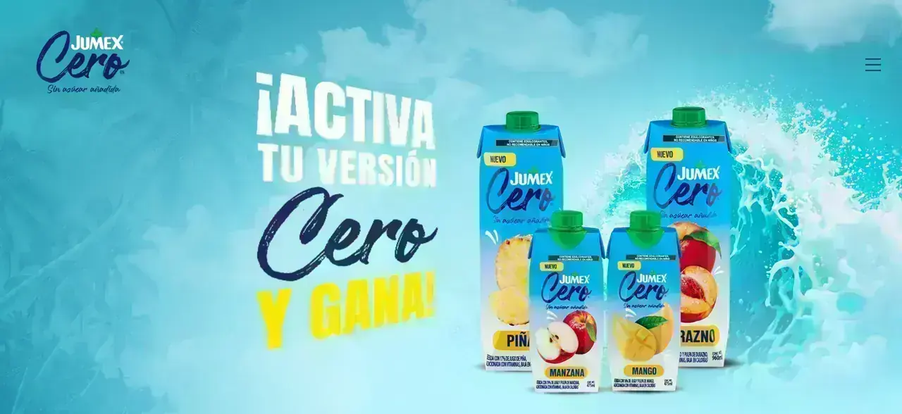 Activa tu versión Cero y Gana Banner de la promoción Activa tu versión Cero y Gana de Jumex Cero con envases de sabores y llamado a participar