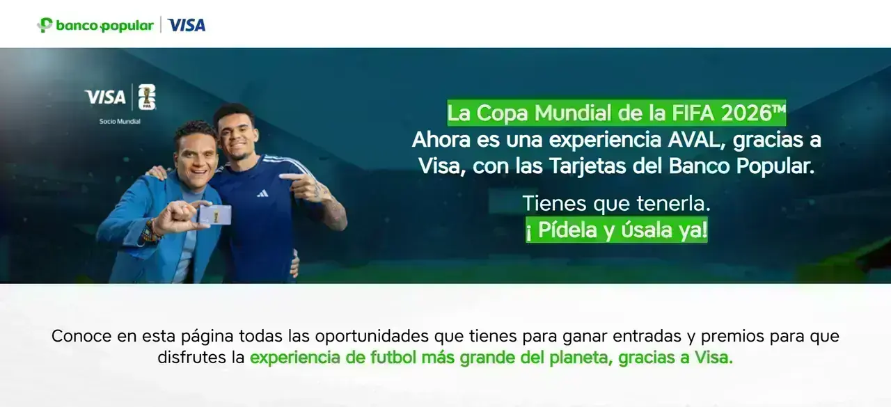 Banner de Banco Popular y Visa sobre la Copa Mundial de la FIFA 2026 con invitación a pedir y usar la tarjeta