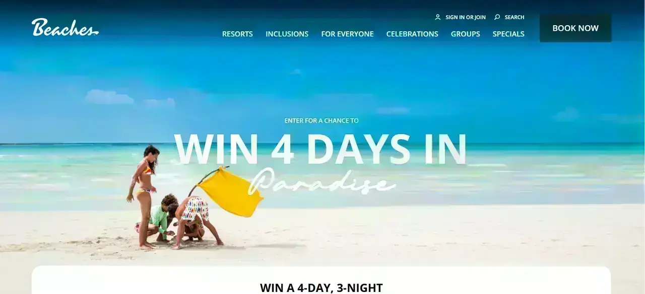 Beaches sweepstakes banner: Win 4 Days in Paradise