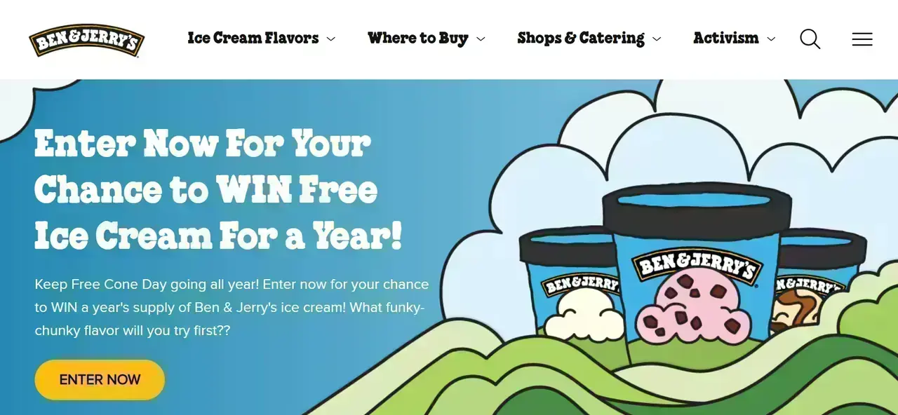 Ben & Jerry’s Free Cone Day Sweepstakes banner with ice cream pints and “Win Free Ice Cream for a Year” text