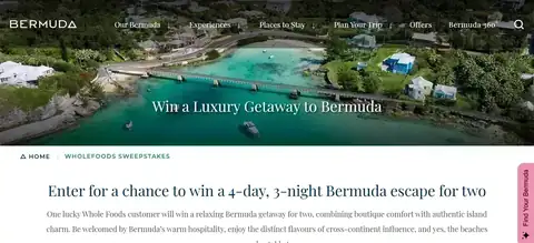 Bermuda Getaway Sweepstakes Bermuda Tourism Authority sweepstakes banner featuring a turquoise bay and the text 'Win a Luxury Getaway to Bermuda'
