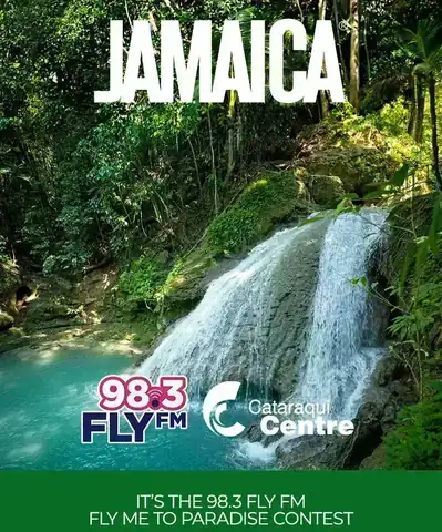 Fly Me to Paradise contest graphic featuring Jamaica waterfall and CFLY-FM branding
