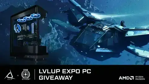 CIG x CLX LVLUP Expo Giveaway CIG x CLX LVLUP Expo giveaway banner featuring a CLX gaming PC and Star Citizen Aurora MKII prize