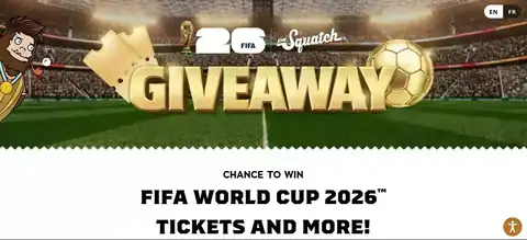 Dr. Squatch FIFA World Cup 2026 giveaway banner with stadium background and gold 'GIVEAWAY' text