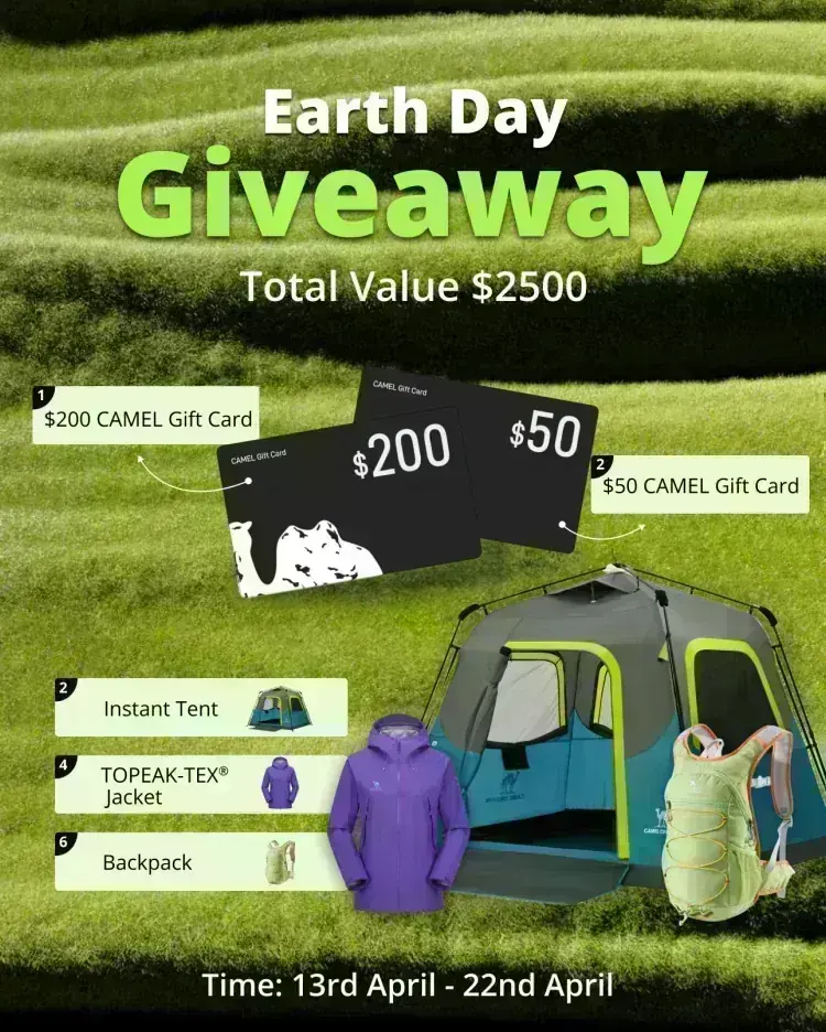 Earth Day Giveaway by Camel Outdoor US Earth Day Giveaway by Cameloutdoorus with CAMEL gift cards and outdoor gear prizes