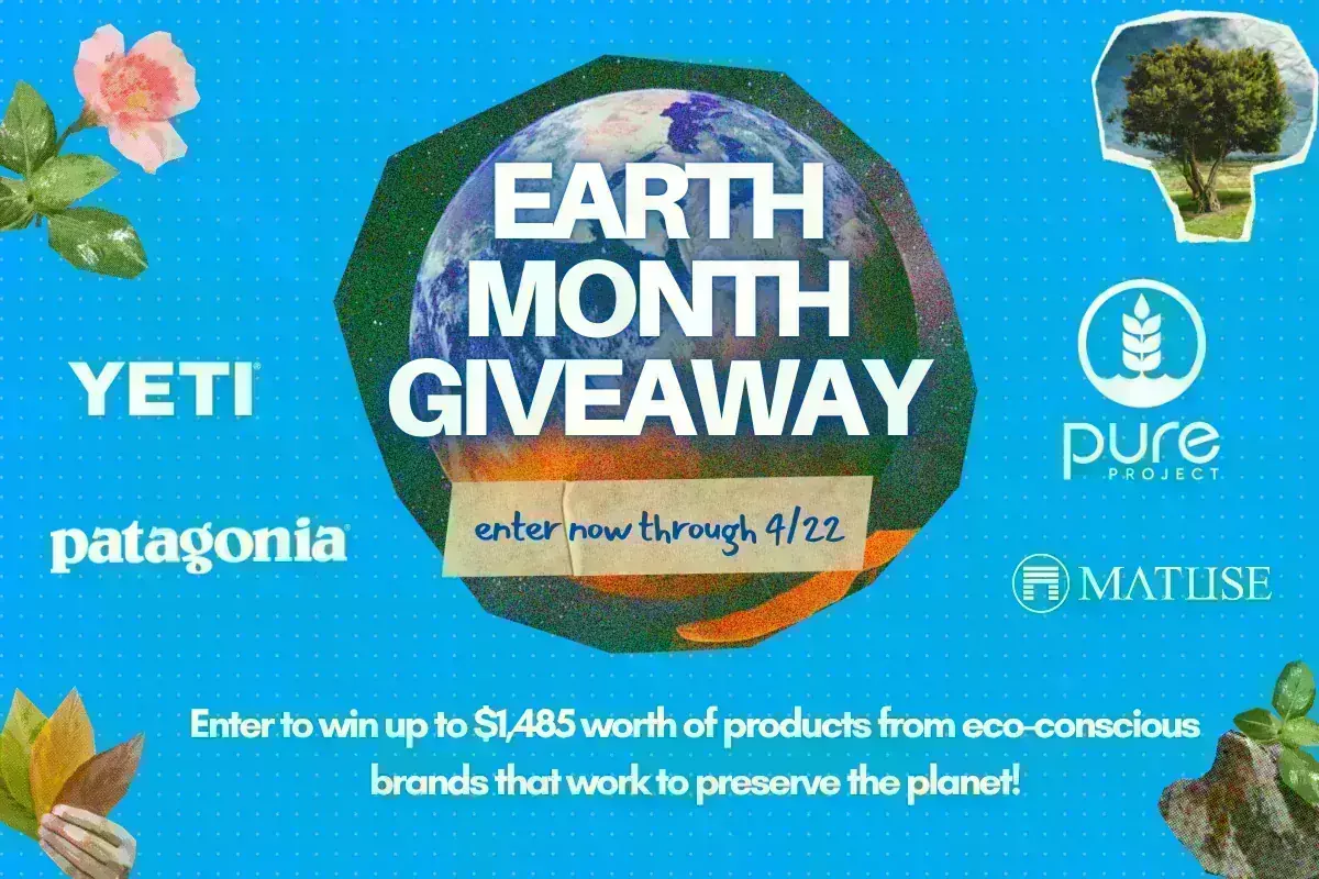 Earth Month Giveaway 2026 Earth Month Giveaway 2026 prize pack featuring a YETI cooler, Matuse wetsuit, and gift cards