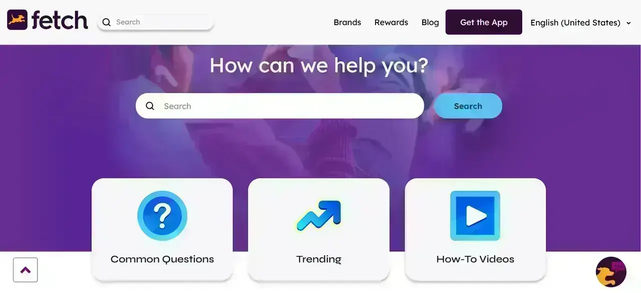Fetch Help Center page header with search bar for the Fetch Crumbl Sweepstakes official rules