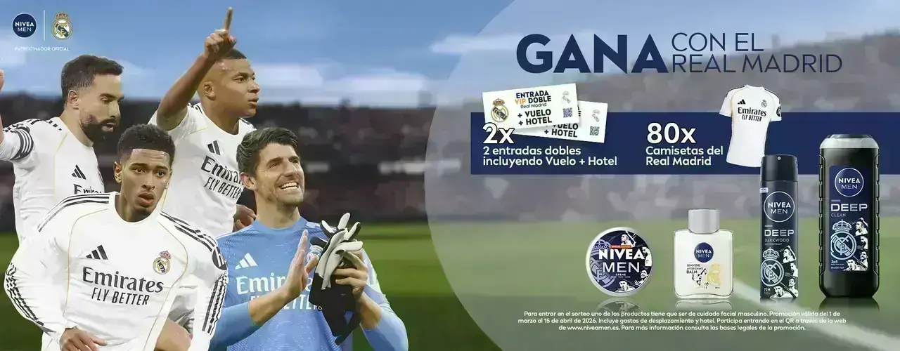Gana con el Real Madrid - NIVEA MEN Promoción NIVEA MEN para ganar con el Real Madrid: entradas VIP dobles con vuelo y hotel y camisetas oficiales