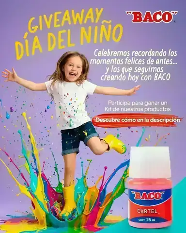 Giveaway Día del Niño BACO Arte promocional del giveaway de BACO por Día del Niño para ganar un kit de productos