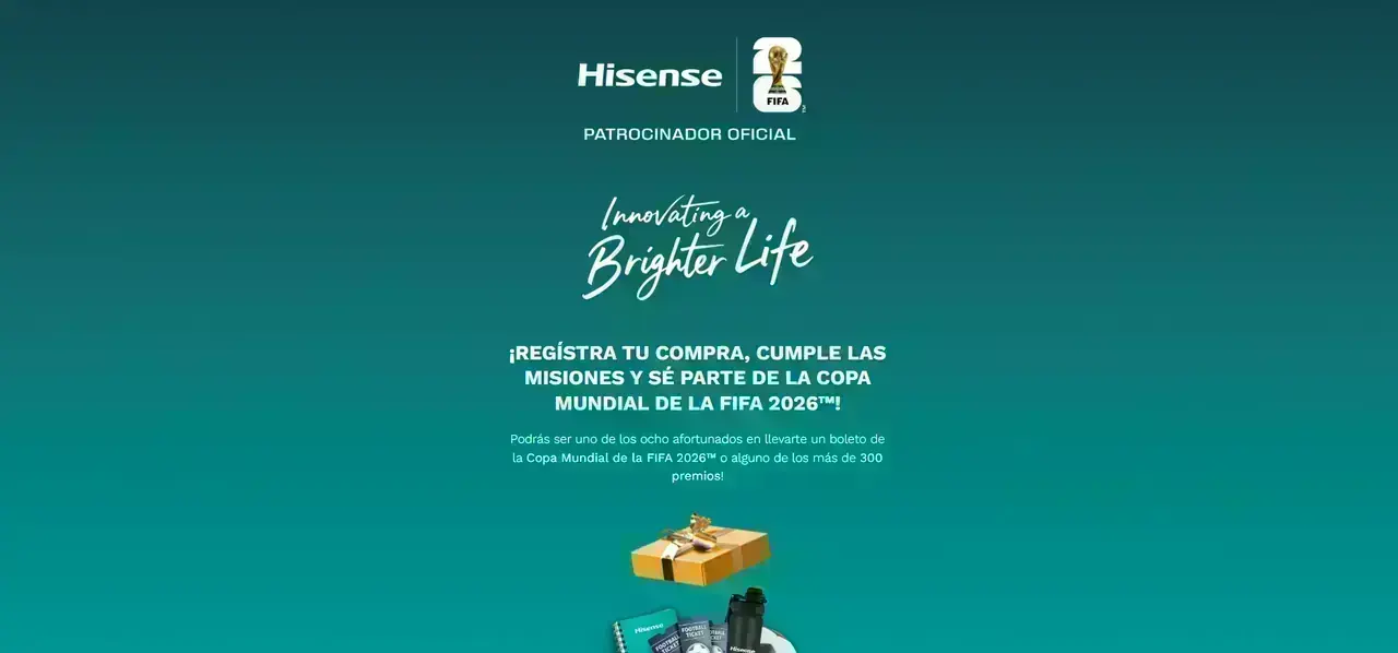 Promoción Hisense Mundial FIFA 2026 Banner de la promoción Hisense para ganar boletos del Mundial FIFA 2026 y premios en México