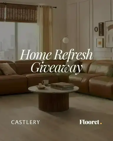 Home Refresh Giveaway banner featuring Flooret flooring and a $1,000 Castlery gift card