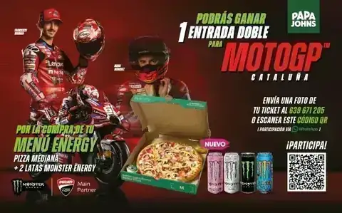 Monster x Papa John’s: GP Cataluña Promoción Monster en Papa John’s para ganar entradas del GP de Cataluña