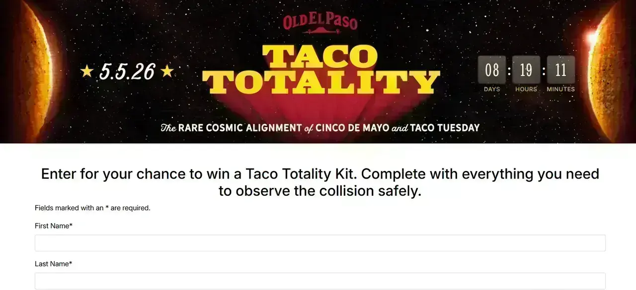 Old El Paso Taco Totality Sweepstakes Old El Paso Taco Totality Sweepstakes entry form banner and fields to enter for a Taco Totality Kit