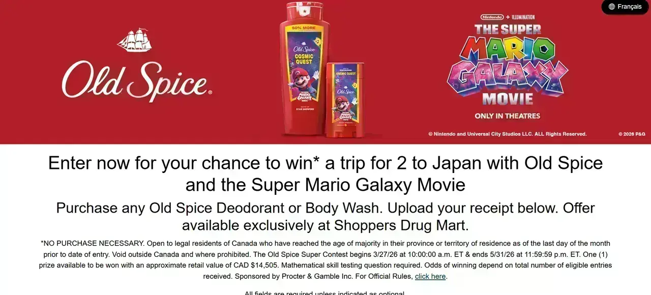 Old Spice Super Contest entry page promoting a trip for two to Japan