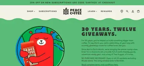 Peace Coffee Giveaway of the Moment Peace Coffee giveaway page showing the Giveaway of the Moment promotion