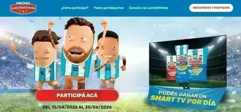 Promo Lucchettineta: Smart TV por día Banner de la Promo Lucchettineta con personajes futboleros y el mensaje “Podés ganar un Smart TV por día”