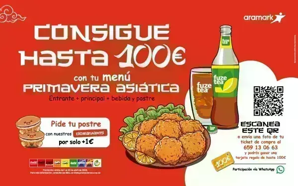 Promoción Aramark Menú Asiático Promoción Aramark Menú Primavera Asiática con bebidas Coca-Cola para ganar tarjetas VISA virtuales