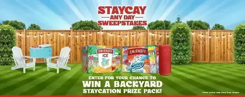 Smirnoff Ice Staycation Sweepstakes Smirnoff Ice Icy Island Staycation Sweepstakes banner featuring a backyard setup and the prize pack.