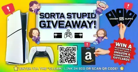 Sorta Stupid PS5 Giveaway Banner for the Sorta Stupid PS5 Giveaway on Gleam featuring a PS5 prize and gift cards.