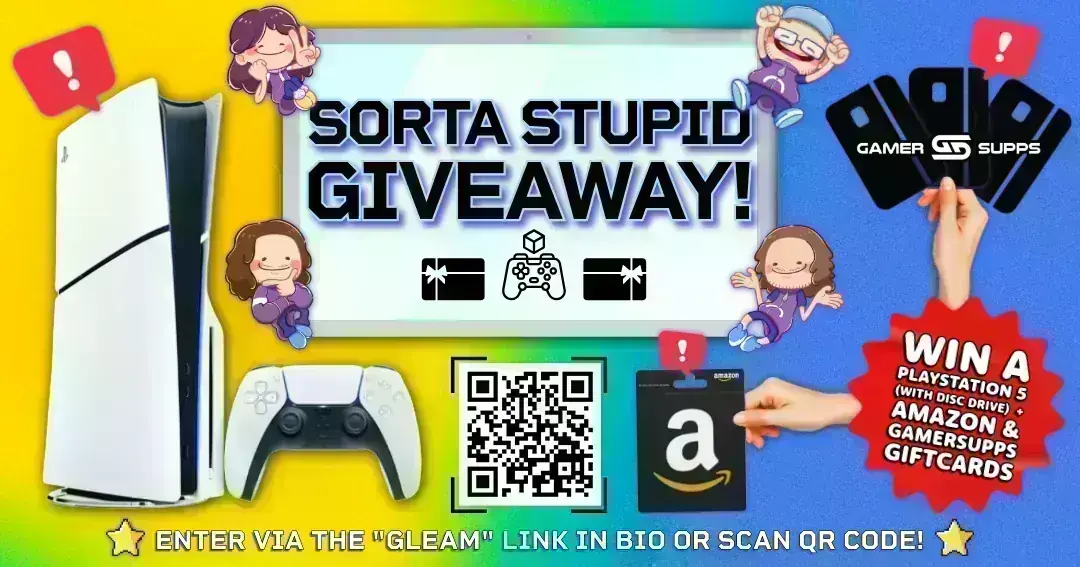Sorta Stupid PS5 Giveaway Banner for the Sorta Stupid PS5 Giveaway on Gleam featuring a PS5 prize and gift cards.