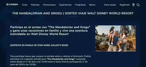 Sorteo viaje a Walt Disney World Resort Familia en Star Wars: Galaxy’s Edge en Walt Disney World Resort, promoción del sorteo de Cinesa de The Mandalorian and Grogu