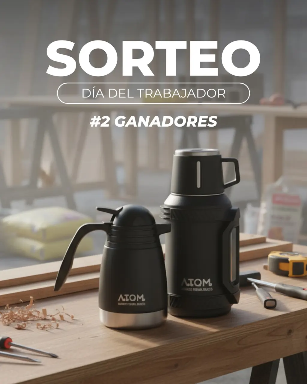 Sorteo Día del Trabajador - Termos Atom Publicación de Instagram de Termos Atom anunciando sorteo Día del Trabajador con Termo Aconcagua y Jarra Evolution como premios