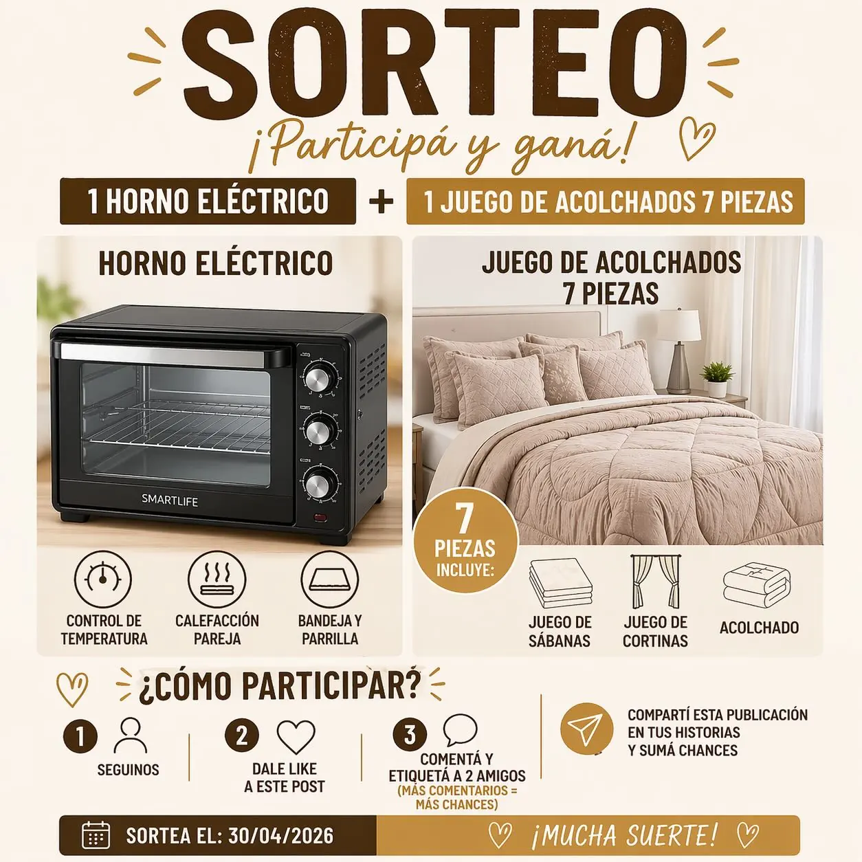 Sorteo: horno eléctrico + acolchados 7 piezas Sorteo en Instagram: horno eléctrico y juego de acolchados 7 piezas