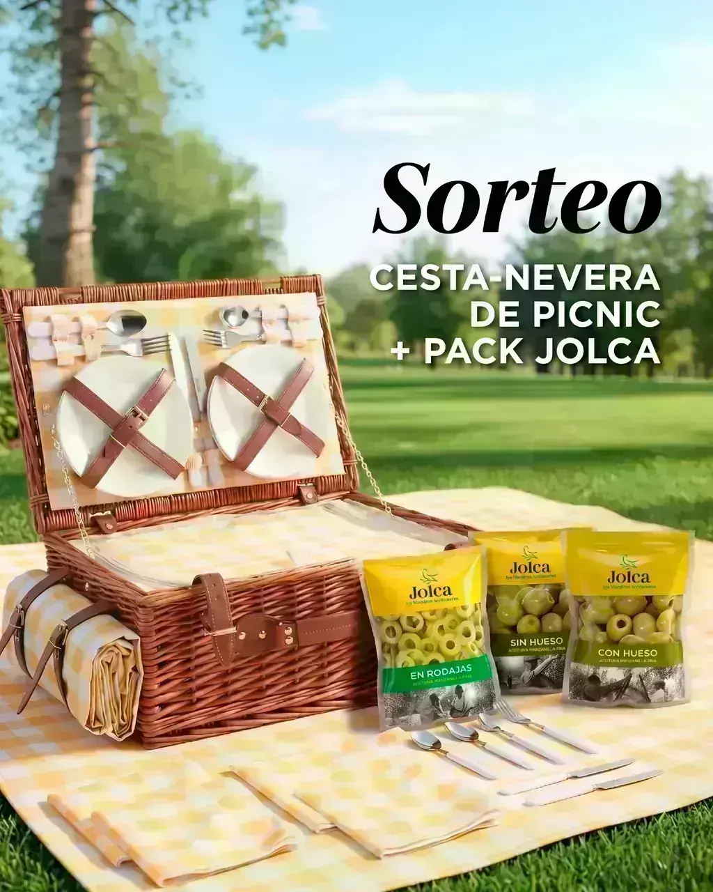 Sorteo cesta-nevera de pícnic Jolca Cesta-nevera de pícnic estilo vintage para 4 personas y pack de aceitunas Jolca del sorteo