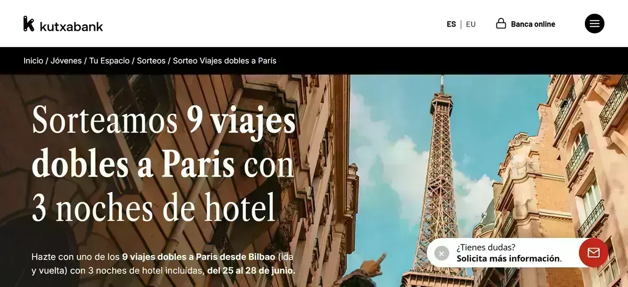 Banner del sorteo de Kutxabank de 9 viajes dobles a París con 3 noches de hotel