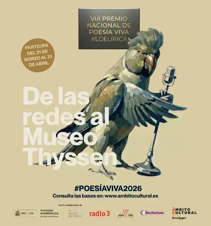 VIII Premio Nacional de Poesía Viva #LdeLírica Cartel del VIII Premio Nacional de Poesía Viva #LdeLírica con un ave frente a un micrófono