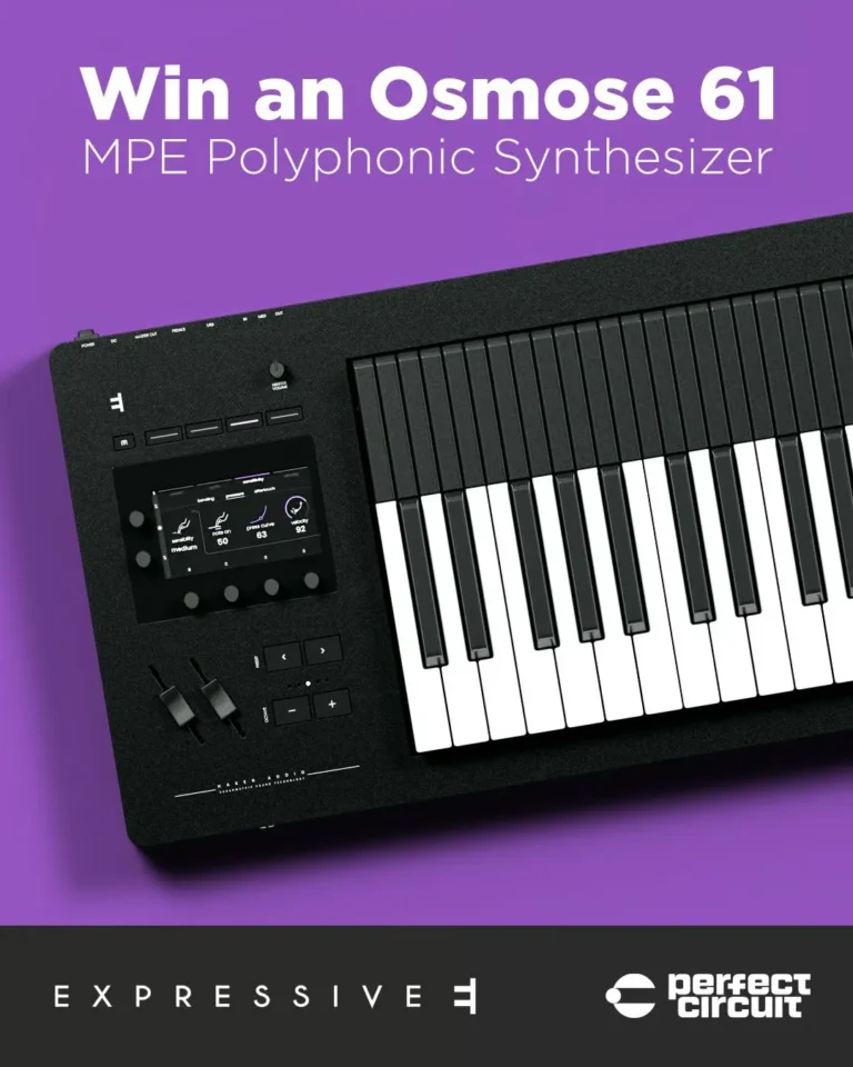 Expressive E Osmose 61 MPE polyphonic synthesizer keyboard shown as the main giveaway prize.