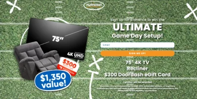 Win a 75″ 4K TV, Recliner & $300 DoorDash Gift Card · Giveaway for GiftCards giftcards Hogar hogar · Estados Unidos us