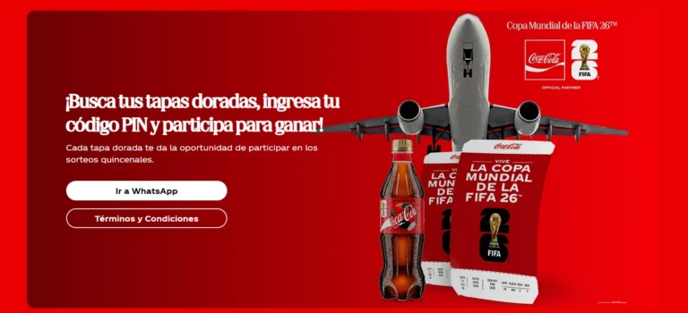 Banner Coca-Cola FIFA 26: avión, botella y entradas; “ingresa tu PIN por WhatsApp” para participar en Ecuador.