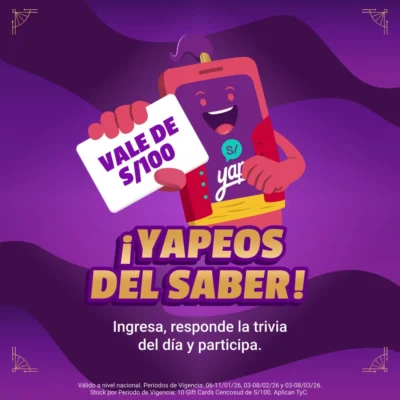 Yapeos del Saber 2026: gana vales Cencosud de S/100 · Sorteo de GiftCards giftcards · Perú pe