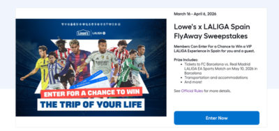 Sorteo Lowe’s x LaLiga Spain Flyaway · Sorteo de CASH cash FLIGHT flight · Estados Unidos us